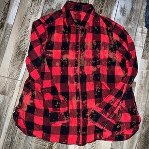 Red and Black Bleach Dyed Plaid Shirt “Kenny Rodgers”